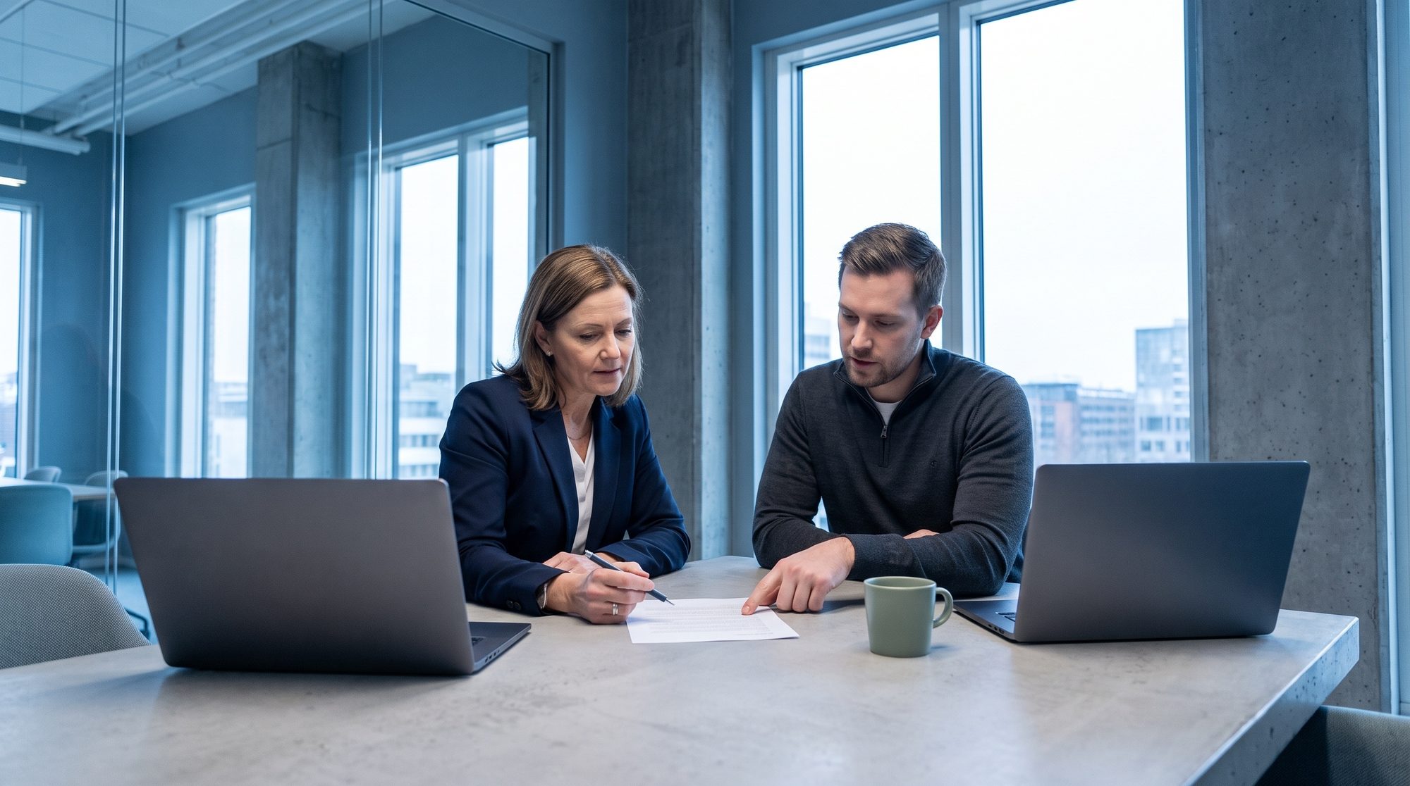 An executive and an operations lead reviewing one printed page at a meeting table
